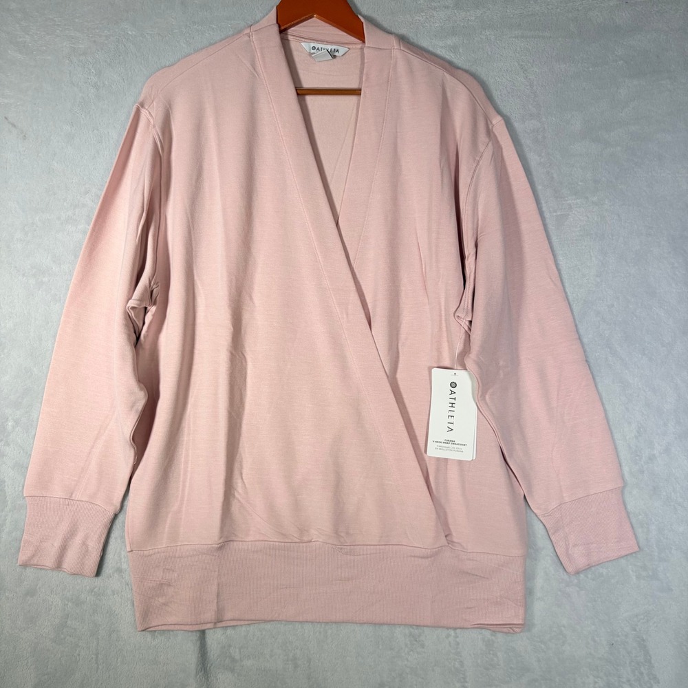 NWT Athleta Purana V-Neck Wrap Sweatshirt Womens L Pink Modal Fleece Pullover